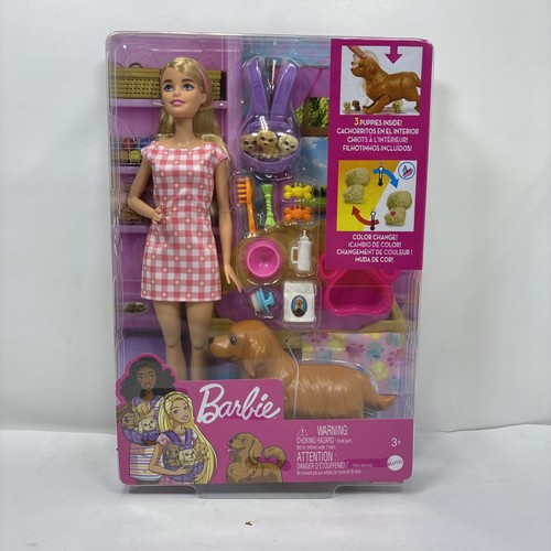 Barbie Bambola Neonato Cuccioli Playset con Bambola Bionda, Mamma Cane e 3 Cuccioli. NUOVO - Foto 1 di 3