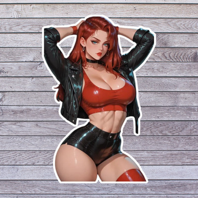 Pinup girl sticker vinyl decal redhead anime curvy thick biker leather jacket