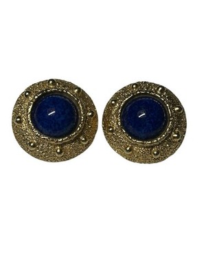Napier Statement Earrings Blue Cabochon Gold Textured Clip On Vintage 60s