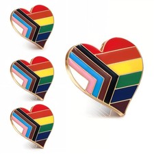 4 Pcs Metal Pride Pins Hearts Inclusive Progress Rainbow Gay Flag LGBTQ Lapel