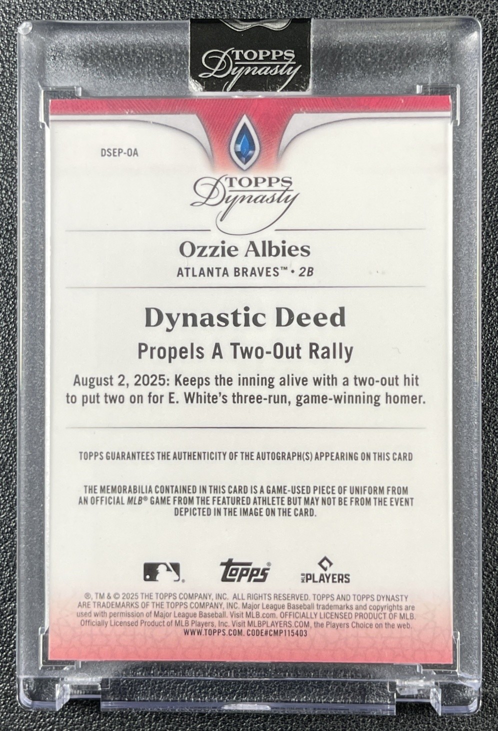 OZZIE ALBIES 2025 TOPPS DYNASTY #DSEP-OA SPECIAL EVENT GAME-USED PATCH AUTO 4/5 view 2