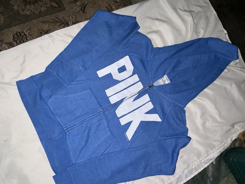 Victorias Secret Pink Full Zip Hoodie Sweatshirt L LARGE Blue~EXCELLENT!!!