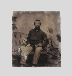Civil War Soldier with American Flag & Book 1/6th plate Tintype Antique