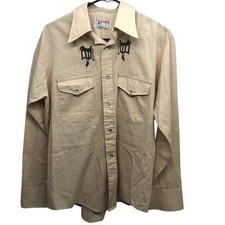 Vintage Beige Bronco Western Shirt Embroidered Saddles Size L 16/16.5