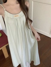 Women s S Green/White Gingham Cotton Knit Square Neck Sleeveless Nightgown