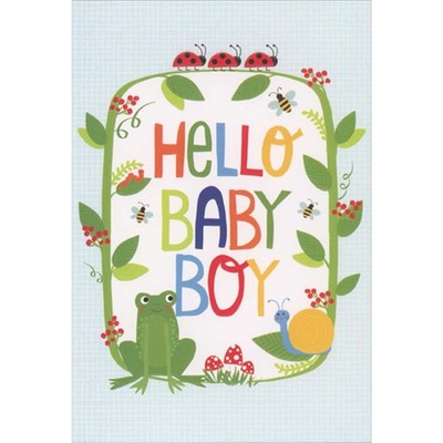 Hello Baby Boy Frog Snail and Bees Inside Green Stem Frame New Baby Boy Card