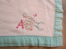 Vintage Baby Blanket Abc Bear Balloons Mint Green Trim 100% Acrylic Made In Usa