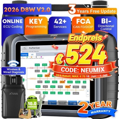 2026 XTOOL D8W OBD2-Scanner Schlüsselprogrammierung ECU-Codierung 42+Service DE