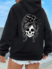 Women'S Stylish Skull Print Hoodie - Cozy Fleece-Lined Zip-Up with Front Pocket,