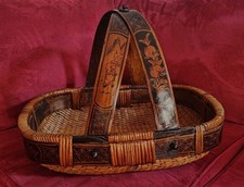 Antique, Mid Century, Hand Painted, Chinese Woven Willow Basket