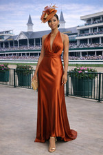 Ieena for Mac Duggal 49810 Rust Satin Halter Gown Size 6 Plunge Formal Dress NWT