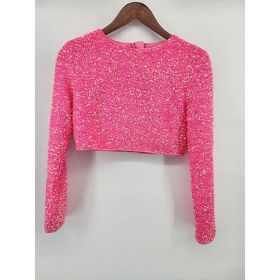 Hot Pink Sequin Long Sleeve Crop Top Full Zip Back Size Medium