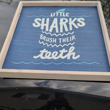 Pottery Barn Kids "Little Sharks Brush Their Teeth Too" Wood Wall Bathroom Sign