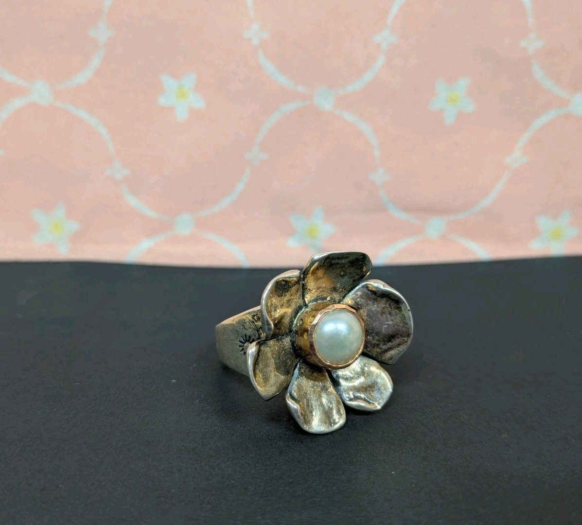 Sherry Tinsman Sterling Silver & 14K Gold Flower Statement Ring with Pearl
