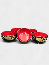 Synthetic Lacquerware Bowls, Set of 5, Black & Gold Sazanka Design, Wood Box