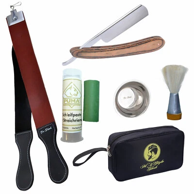 DR-SHAH Rasiermesser im Set Schleif Paste Goldätzung 5/8 Zoll Streichriemen mit Tasche