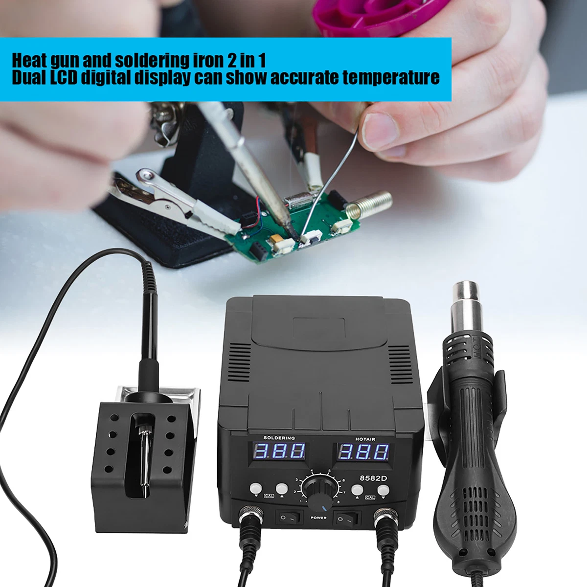 2 in1 Soldering Solder Station Rework Hot Air Gun Digital SMD