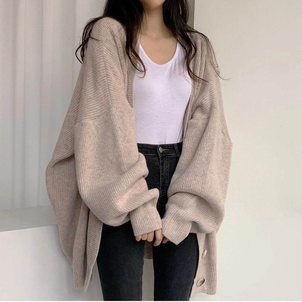 Women Button Down Lantern Sleeve Knit Coat Knitwear Oversized Cardigan  Sweater