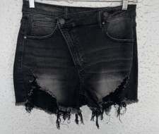 Risen Los Angeles High Rise Cross Over Frayed Jean Shorts Black Sz L