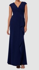 Betsy  Adam Women's Blue V-Neck Lined Ruffle-Front Scuba Crepe Dress Size 4
