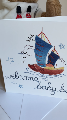 WELCOME BABY BOY CARD;NEW; DESIGNER VINTAGE STYLE; BLUE/CREAM; CUTE;BOAT;BLANK - Video 1 of 1