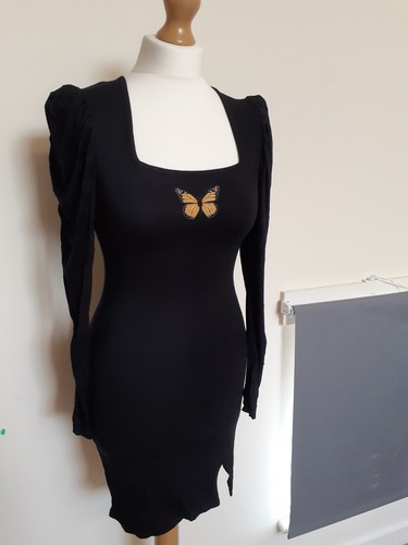 Missguided size 16 Butterfly Design Square Neck Long Sleeve Bodycon Dress, Black - Picture 6 of 12