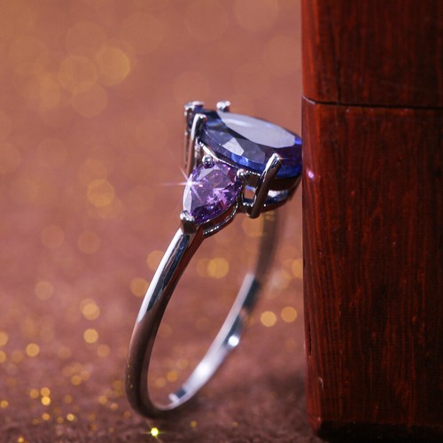 Anillo de banda de circonita cúbica AAA azul corte pera de 8 * 10 mm para mujer anillo púrpura de plata 925 talla 6-10 - Imagen 2 de 10