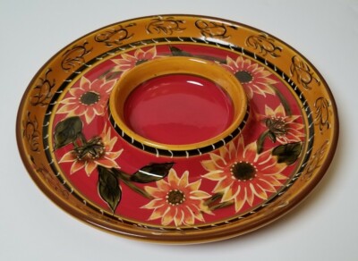 Pier 1 Imports Sunflower Serving Platter// Chip /& Dip 12” MINT Hand painted Terra