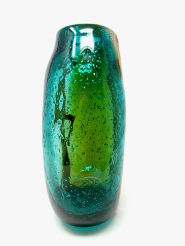 Very Big Murano Art Glass Freeform Outer Strap Silver Leaf Vase Aqua Amber - Picture 7 of 12