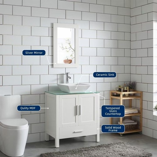 30" White Bathroom Vanity Sink Combo Modern Bathroom Cabinet with Glass Top - Picture 3 of 9