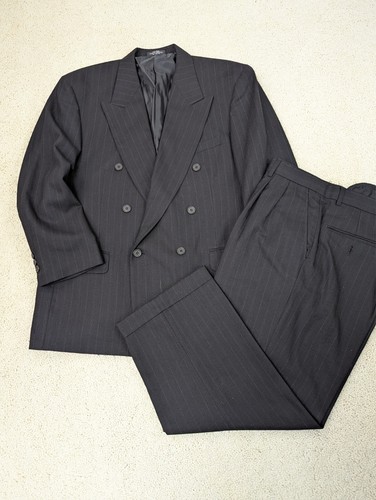 Suit Mens 42S 34x25 Black Pinstripe Wool Double Breasted 2 Piece Jacket Pants - Picture 1 of 23