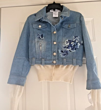 Christian Dior Boutique Denim Blue Embroidered & Knit Jacket Size 8 Nwt