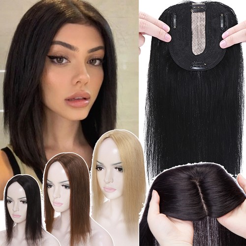 REAL REMY Clip In 100% Human Hair Toupee Topper Hairpiece For Hairloss Silk Base - Picture 1 of 30
