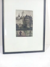 Engraving Paul Matthes Lucerne Lucern Switzerland Nolliturm Nolli Tower Signed