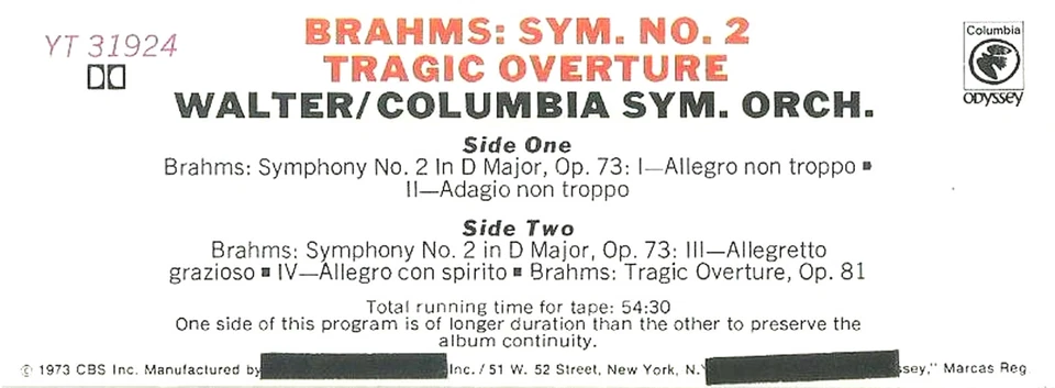 Brahms Symphony No.2 Tragic Overture CASSETTE ALBUM Bruno Walter Columbia Symph. - Image 3 of 4