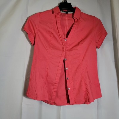 Express Design Studio Essential Stretch Womens Hot Pink Button Up Blouse Sz S