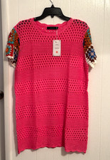 NWT OUKODS Pink Crochet Mini Dress Cover Up Boho Granny Square Sleeve M New