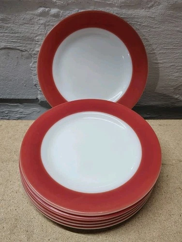 6 Vintage Pyrex Flamingo Pink Band White Milk Glass 8" Salad Luncheon Plates