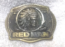 Red Man Tobacco Pinkerton Company Belt Buckle 1988 Indian Chief W Feathers USA