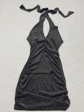 Women’s Silver Glitter Halter Mini Dress Ruched Bodycon Stretch Party XS S