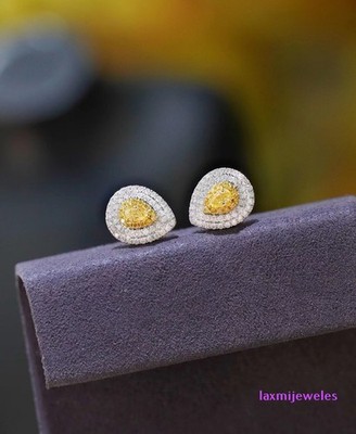 2.50Ct Pear Yellow Lab-Created Diamond Earrings Double Halo Studs 14k Gold Over