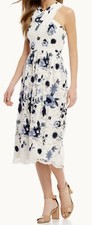 TAHARI Floss Floral Print Ivory Navy Denim Blue Halter Dress NEW Womens 0 4 6 14