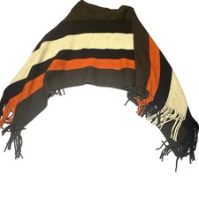 Poncho Sweater Orange Striped Beige Brown Fringe Aztec serape Shawl Sweater