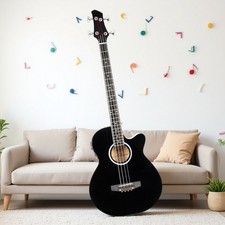 4-String Beginner Acoustic Electric Bass Guitar Set - EQ Cutaway Bag Black