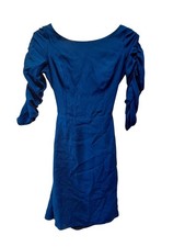 Eskell 100% Silk Open Back Mini Dress XS Cobalt Blue Ruched Sleeve Made in USA