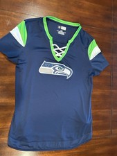 Seahawks NFL Team Apparel Woman’s Size L V Neck Laced,Short Sleeved,Sparkly Logo