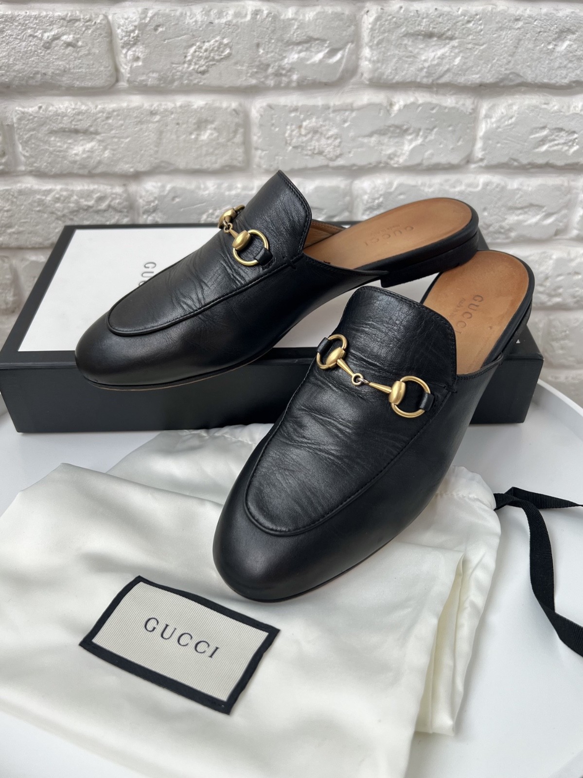 Gucci Princetown Black Horsebit Leather Slippers Women Size 36.5