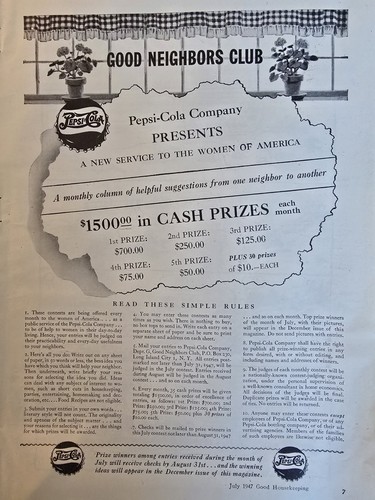 1947 Pepsi-cola Soda Good Neighbors Club Cash Prizes contest Vintage Ad