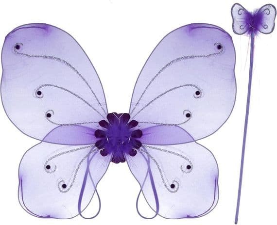 Girls Butterfly Wings Wand Set Purple Fairy Fancy Dress Costume Accessory
