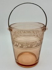 Depression Glass Ice Bucket  Etch Cherry Leaf Design w/ Hammered Handle Pink